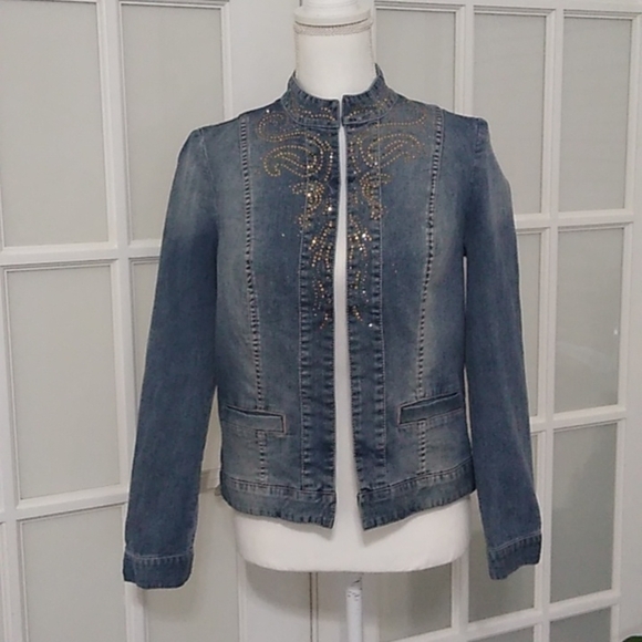 Chico's Golden Paisley Denim Jacket Chico's Size - 0 (4/Small) - Picture 4 of 16